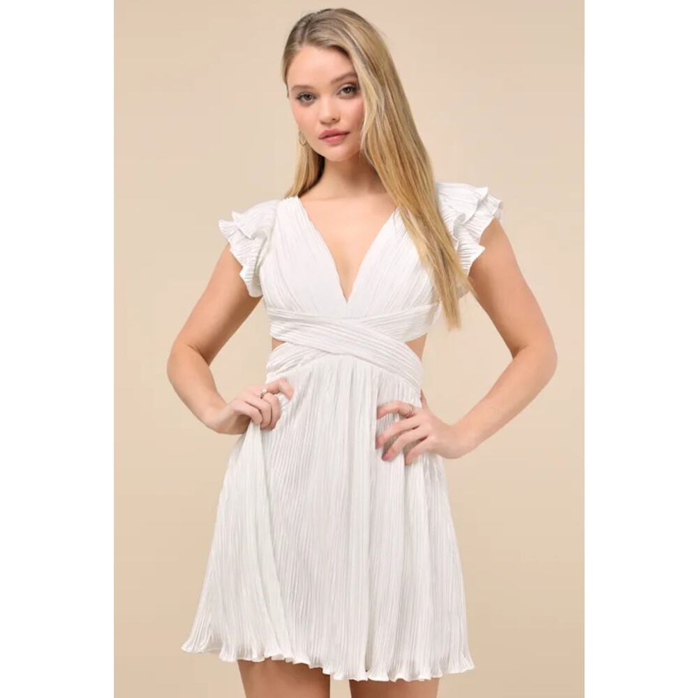 Lulus Captivating Delight White Plisse Satin Mini Dress - Lace-Up Bridal NWT M - Picture 2 of 14